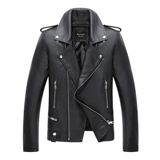 Men's Pure Leather Lapel Jacket with Zipper Closure - Black