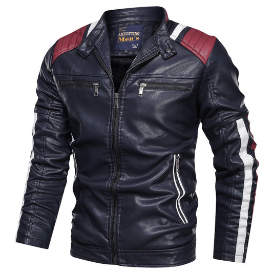 Stand-up Collar Color Matching Casual Men's Leather Jacket