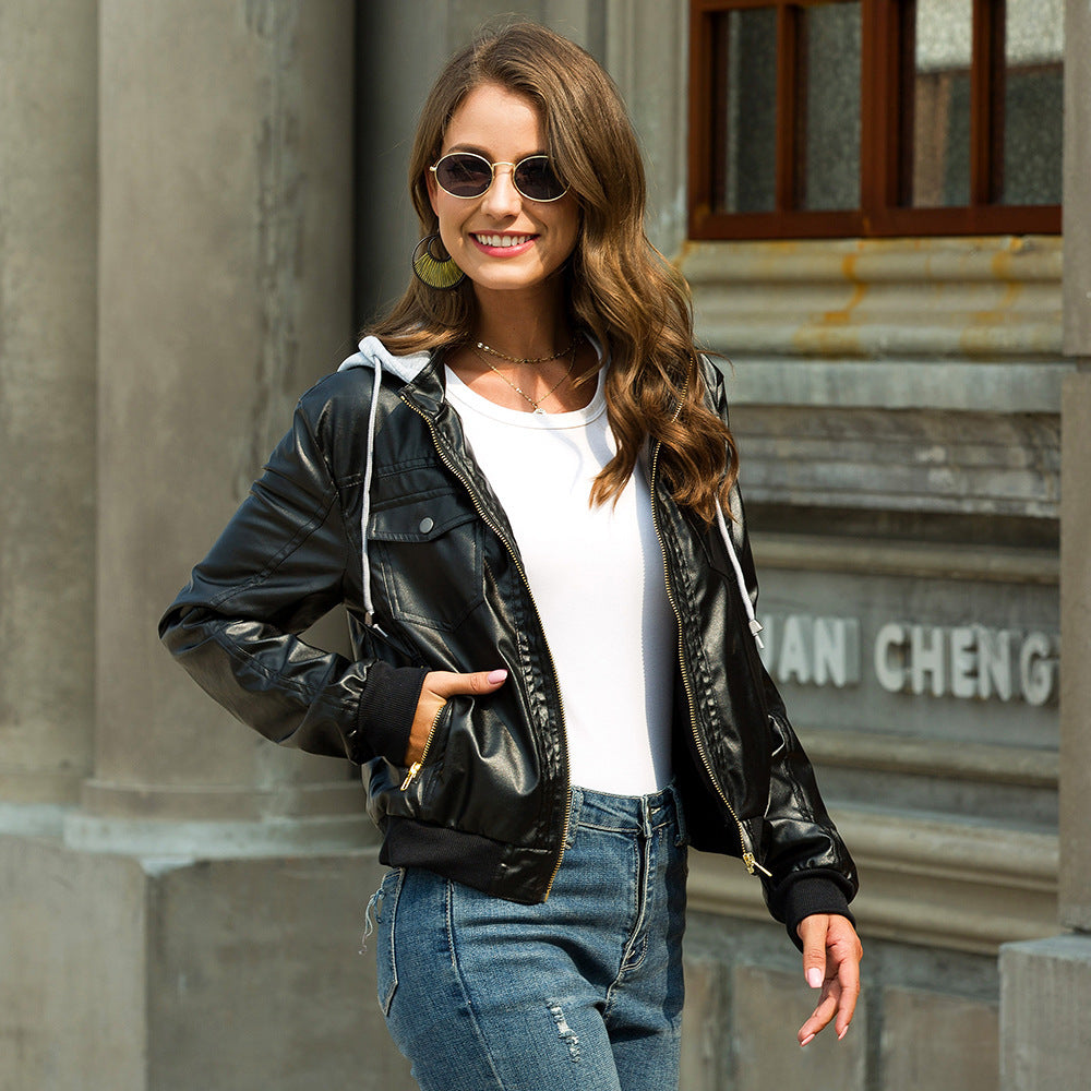 Women's Leather Jacket with Hoodie