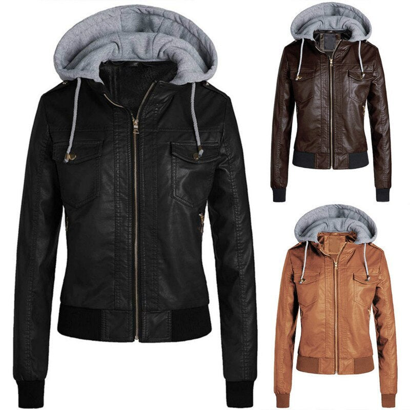 Women's Leather Jacket with Hoodie