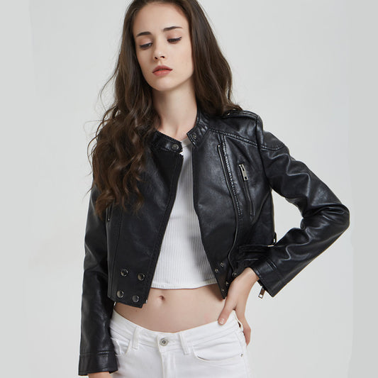 Short slim standing collar women's Motorcycle Jacket